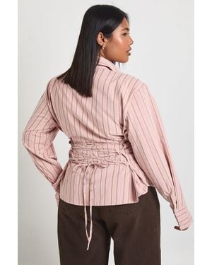 Boohoo Plus Stripe Tight Back Shoulder Pad Shirt - Pink