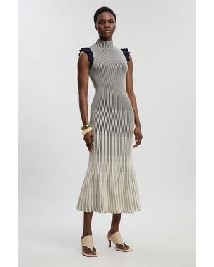 Karen Millen Petite Pointelle Frill Sleeve Knit Midi Dress - Blue