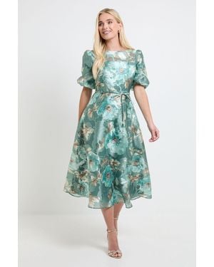 Wallis Petite Floral Organza Puff Sleeve Midi Dress - Green