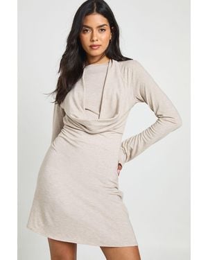 Boohoo Marl Halterneck Cowl Long Sleeve Mini Dress - Natural