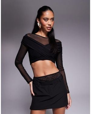 Missy Empire Double Layered Slinky & Mesh Crossover Top - Black