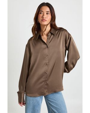 Boohoo Satin Button Down Shirt - Brown
