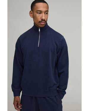 BoohooMAN Regular Fit Premium 480Gsm 1/4 Zip Funnel Neck Washed Sweatshirt - Blue