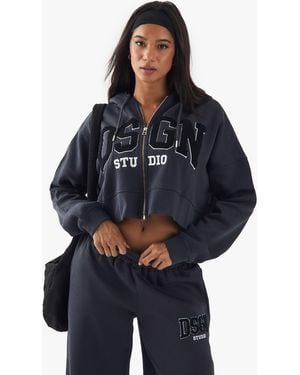 DSGN Studio Towelling Applique Zip Through Boxy Crop Hoodie - Blue