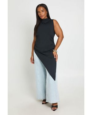Boohoo Plus High Neck Asymmetric Hem Long Line Top - Blue