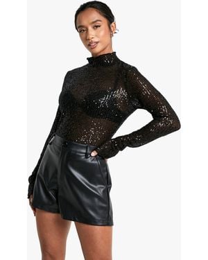 Boohoo Petite Sequin High Neck Long Sleeved Top - Black