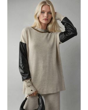 My Fashion Faux Leather Detailed Jumper - Grey