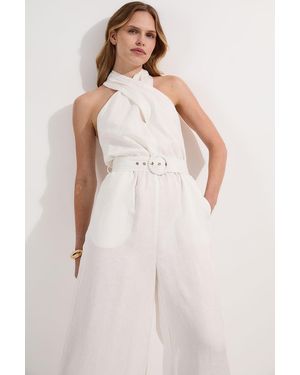 Karen Millen Linen Viscose Cross Front Woven Belted Jumpsuit - White