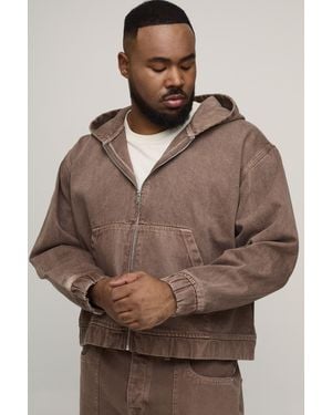 BoohooMAN Plus Tinted Washed Denim Oversized Zip Up Hoodie - Brown