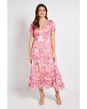 Wallis Floral Satin Ruffle Hem Midaxi Dress - Pink