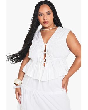 Boohoo Plus Cotton Tie Front Waistcoat - White