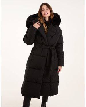 Blue Vanilla Quilted Puffer Coat With Faux Fur Hood - Black
