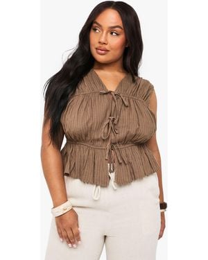 Boohoo Plus Tie Front Peplum Linen Stripe - Brown