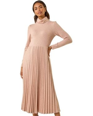 Roman High Neck Pleated Midi Dress - Natural