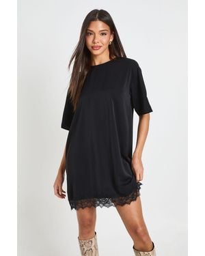 Boohoo Lace Hem Oversized Woven T-Shirt Dress - Black