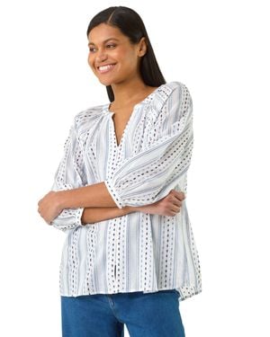 Roman Dobby Stripe Print V-Neck Blouse - White