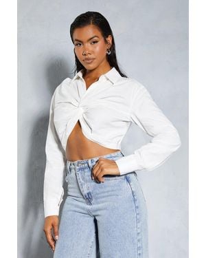 MissPap Poplin Twist Front Cropped Shirt - White