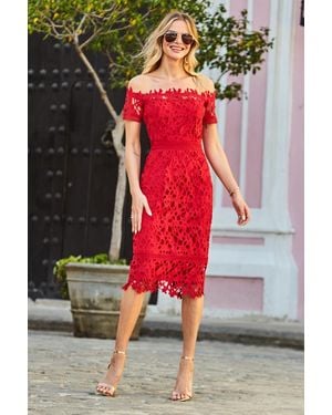 Sosandar Premium Body-Sculpting Lace Bardot Dress - Red