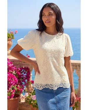 Roman Panelled Lace Puff Sleeve Top - Natural