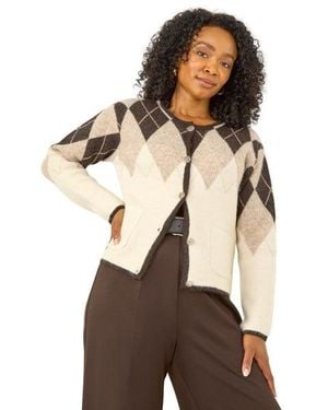 Roman Petite Buttoned Argyle Knit Cardigan - Brown