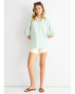 Gini London Saliegroen Katoenen Gestreept Shirt Met Oprolmouwen - Meerkleurig