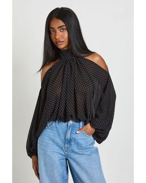 Boohoo Polka Dot Chiffon Cold Shoulder Volume Sleeve Blouse - Blue