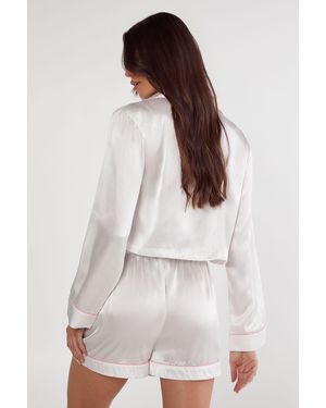Nasty Gal Satin Contrast Pipping Tie Front Shirt And Pyjama Shorts Set - Natural