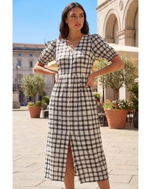 Roman Check Button Midi Dress - Black