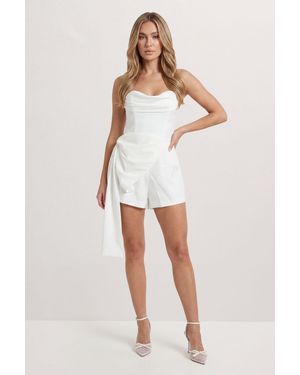 MissPap Satin Draped Bow Playsuit - White