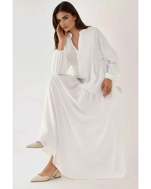 Hiccup Textured V-Neck Maxi Dress With Button Detail - White