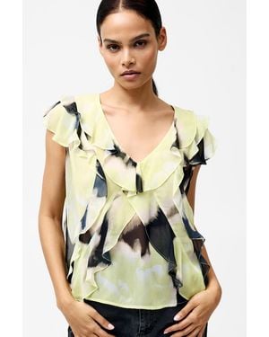 French Connection Lime Short Sleeve Chiffon Ruffle Tie Dye Print V-Neck Top - Green