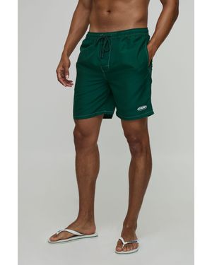 BoohooMAN Contrast Stitch Mid Length Embroidered Swim Short - Green