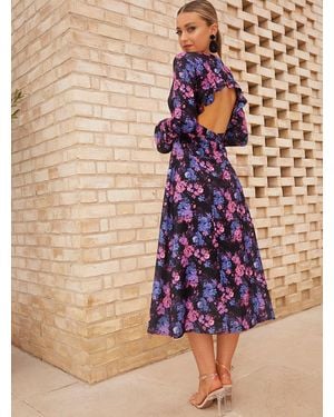 Chi Chi London Long Sleeve V Neck Floral Print Midi Dress - Black