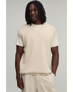 BoohooMAN Tall Relaxed Ribbed V Neck Knitted Vest - Natural