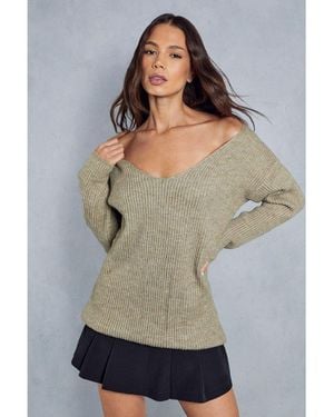 MissPap Knitted Off The Shoulder Oversized Jumper - Grey