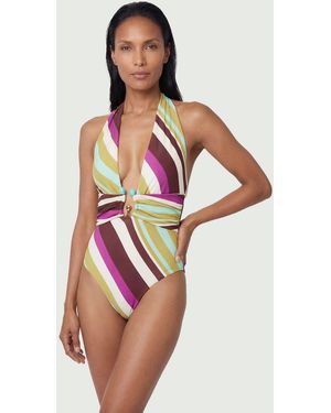 Karen Millen Diagonal Stripe Plunge Swimsuit With Stone Detail - Purple