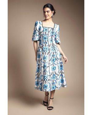 Wallis Floral Contrast Ottoman Twill Midi Dress - Blue