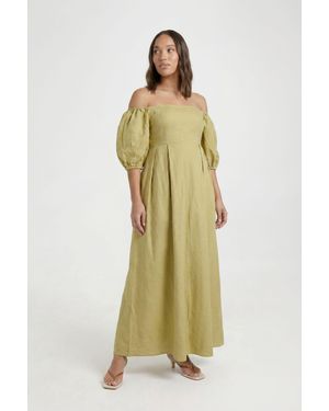 Boohoo Maternity Linen Puff Sleeve Bardot Maxi Dress - Metallic
