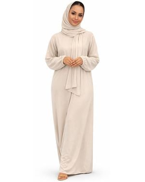 VR2 Denim Ladies Abaya With Scarf Attached Comfortable Modest Dress - White
