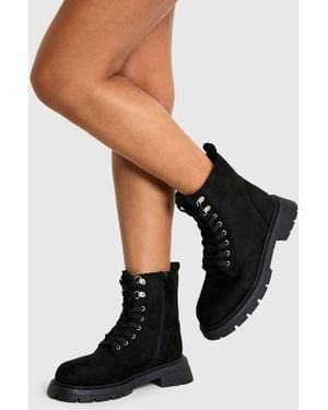 Boohoo Wide Fit Chunky Lace Up Hiker Boots - Black