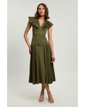 Karen Millen Cotton Poplin Pleat Detail Woven Midi Dress - Green