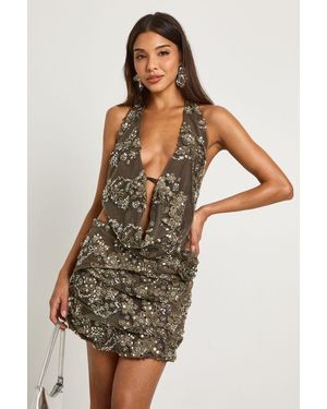 Boohoo Floral Beaded Mini Skirt - Green