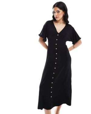 ASOS Roll Sleeve Button Front Midi Tea Dress - Black