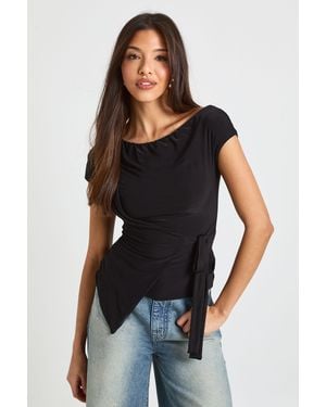 Boohoo Double Layer Slinky Boat Neck Short Sleeve Top With Wrap Tie Detail - Black