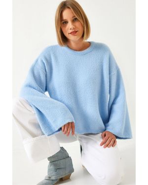 Bianco Lucci Oversized Crewneck Sweater Met Nepbontdetail - Blauw
