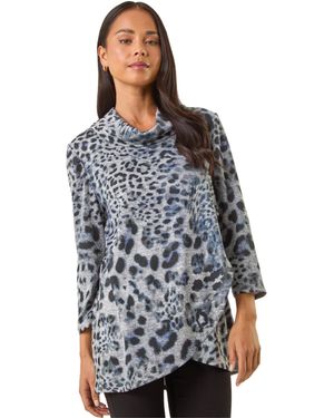 Roman Petite Brushed Animal Print Wrap Top - Blue