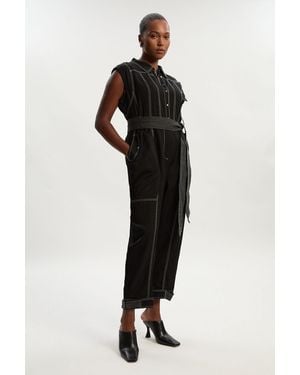 Karen Millen Plus Size Premium Linen Twill Topstitch Woven Jumpsuit - Black