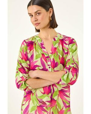 Roman Floral Print Button V-Neck Top - Pink