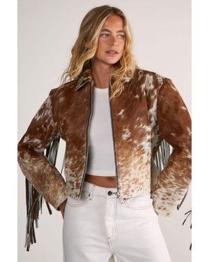 Nasty Gal Cow Hide Leather Zip Through Fringe Jacket - Brown