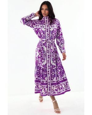 Msn-Collection Paisley Shirt Collar Maxi Dress - Purple